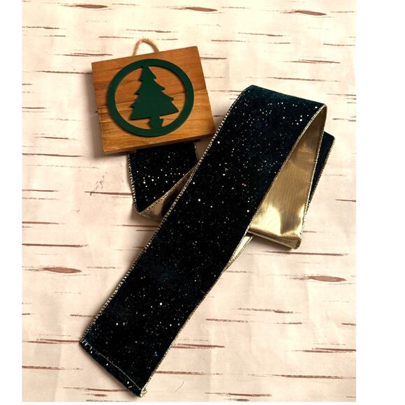 Christmas Card Holder Wooden Topper Green Christmas Tree Gold Sparkle Ribbon - Picture 2 of 4